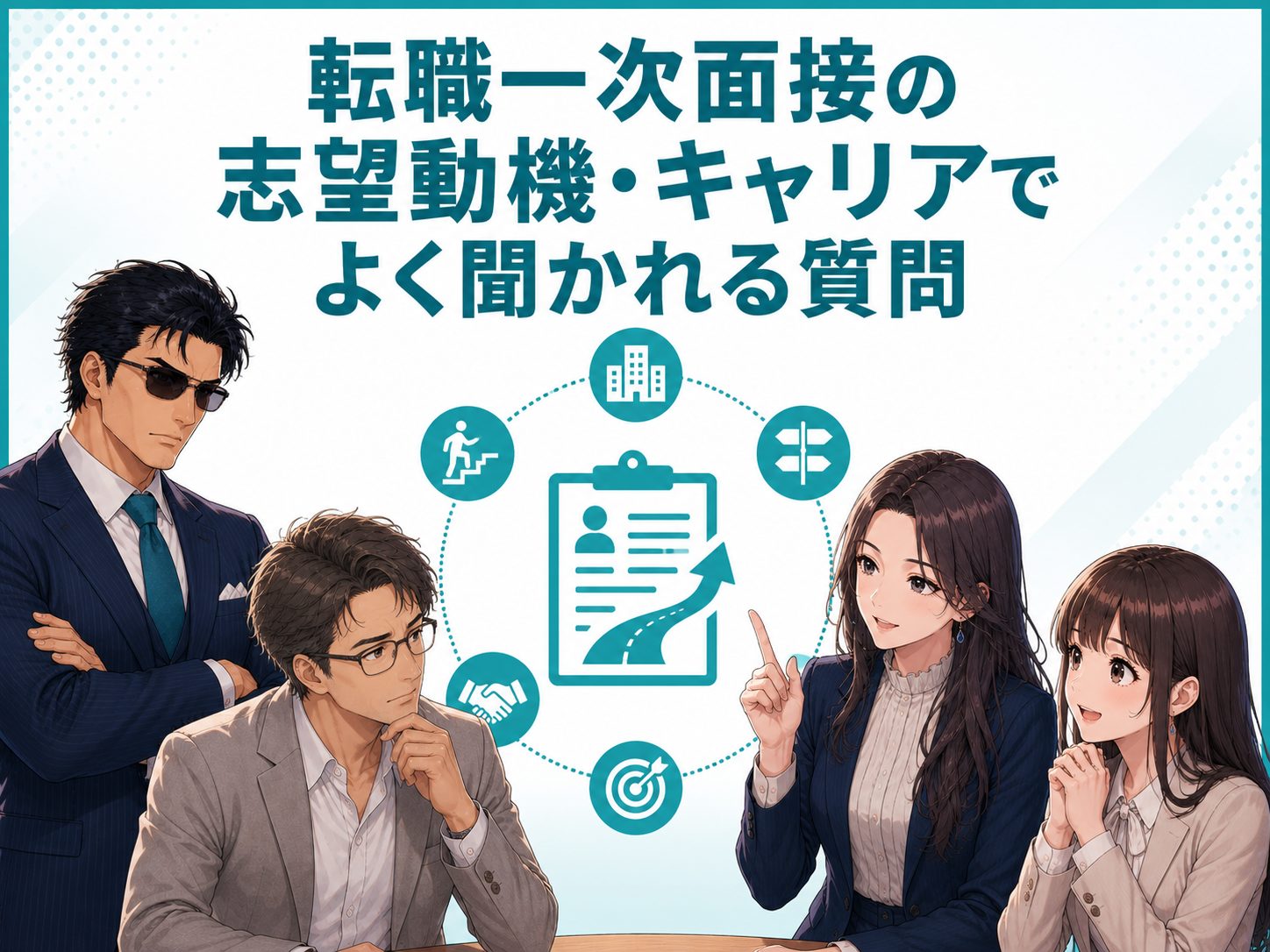 転職の一次面接で志望動機やキャリアプランについて聞かれることを解説するイメージ画像。転職理由や企業選びの軸など中途採用で企業が何を見てるのかを紹介
