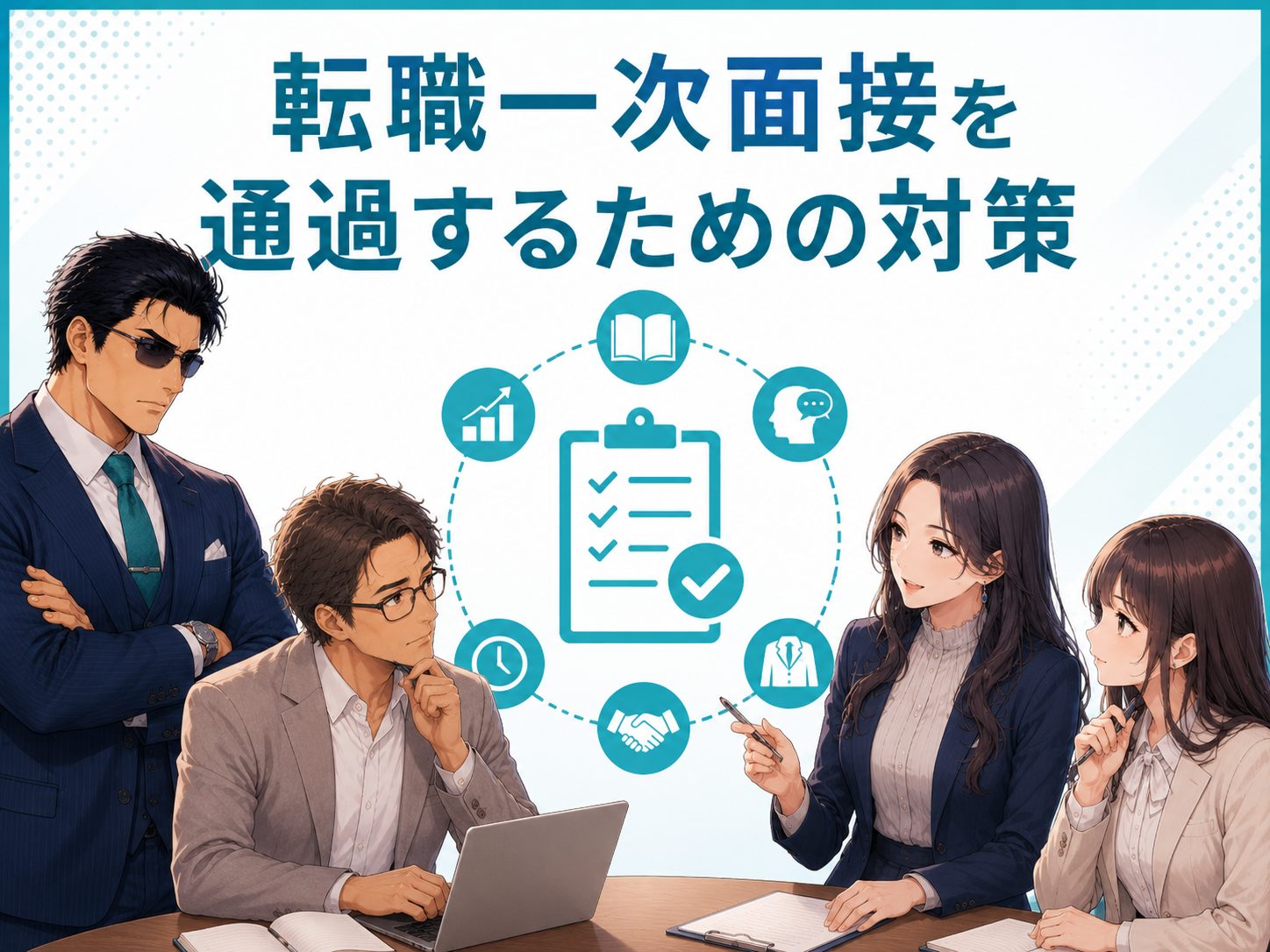 転職の一次面接を通過するための対策を解説するイメージ画像。企業研究や面接対策、自己紹介の準備、企業が何を見てるのかを理解して中途採用の一次面接を突破するポイントを紹介