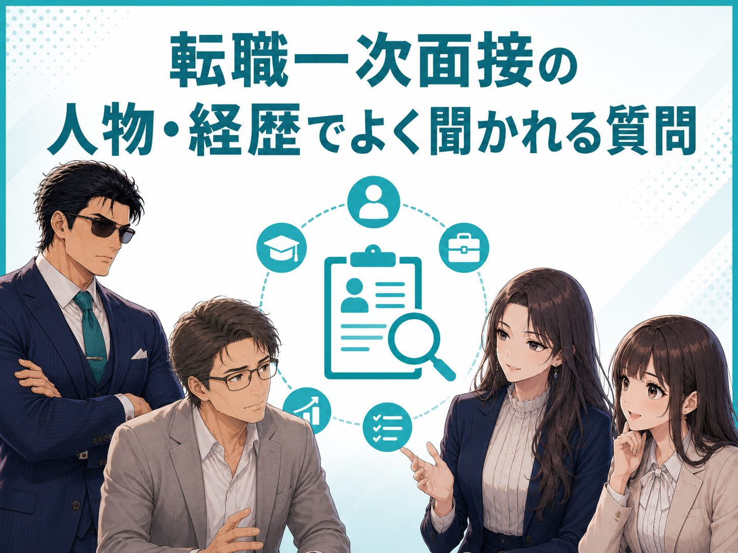 転職の一次面接で聞かれることを紹介するイメージ画像。自己紹介や職務経歴、長所・短所など中途採用でよく聞かれる質問と企業が何を見てるのかを解説