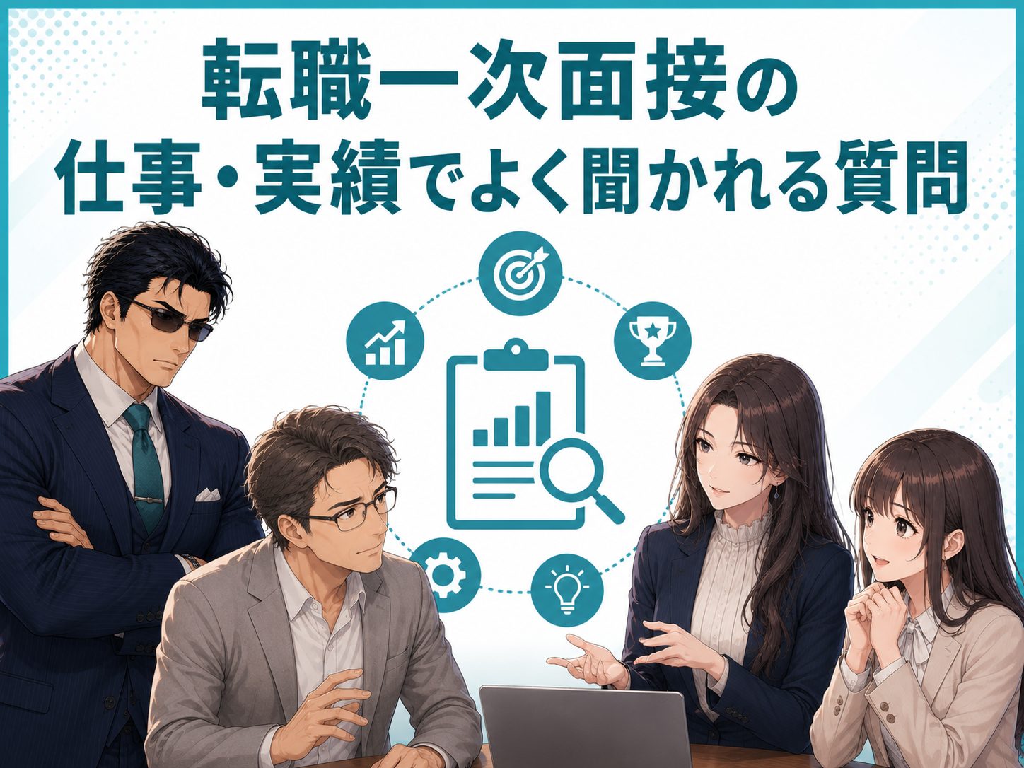 転職の一次面接で仕事や実績について何聞かれるのかを解説するイメージ画像。成果や工夫、失敗経験など中途採用で企業が何を見てるのかを紹介