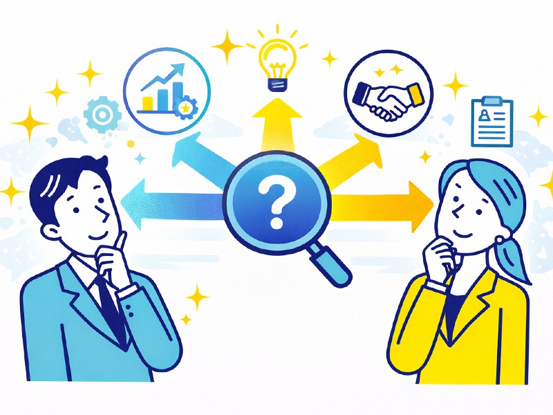 転職の一次面接でよく聞かれる質問の意図を整理し、中途採用で重視される評価観点から回答軸を考えるイメージイラスト