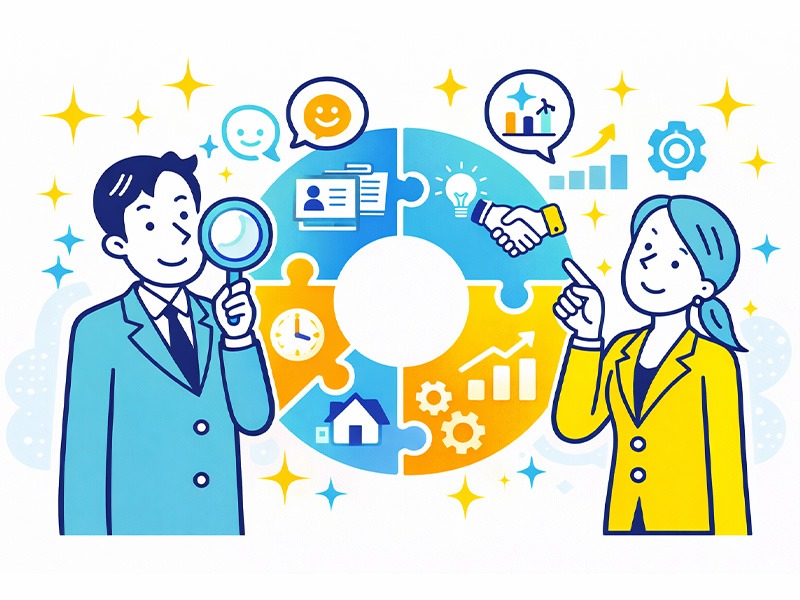 転職の一次面接でよく聞かれる質問内容を評価観点別に整理し、中途採用で確認されやすいポイントを俯瞰できるイラスト