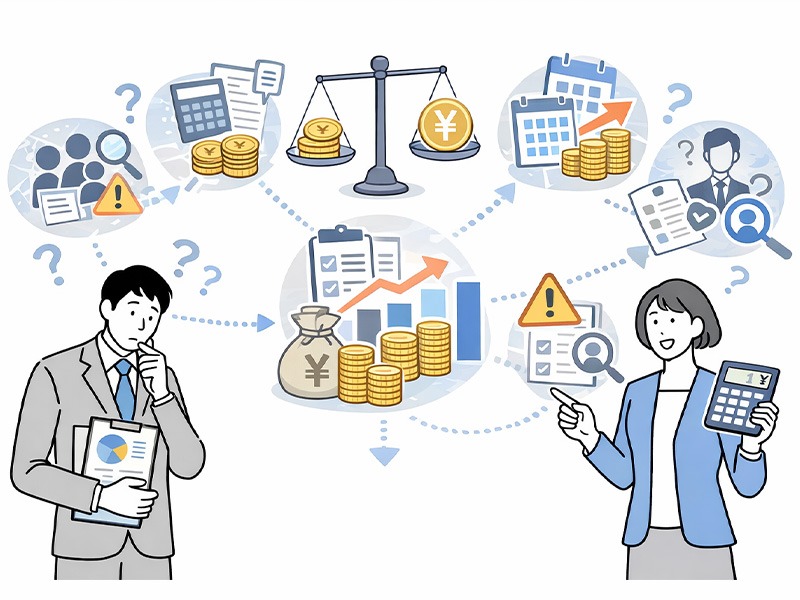 採用代行（RPO）の費用相場や料金体系について、業務範囲や契約形態によるコストの違いを比較・検討しているイメージ