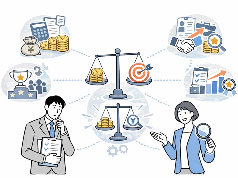 採用代行（RPO）の依頼先を選ぶ際に、料金や実績、対応範囲など複数の判断軸を比較しながら検討している企業担当者のイメージ