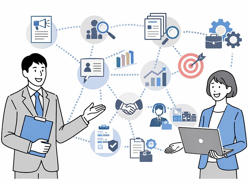 採用代行（RPO）サービスにおいて、採用業務を外部にアウトソーシングし、求人管理や選考プロセスを連携して進めるイメージ