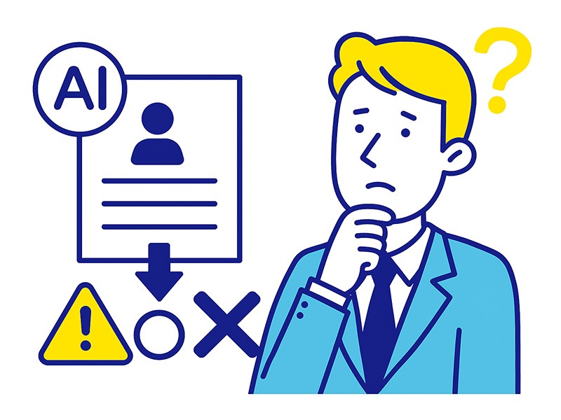 AI作成の職務経歴書が採用担当者にバレる理由を表現したフラットイラスト。AIアイコン付きの書類と、疑問を感じる表情の採用担当者を青と黄色で描いた構図。