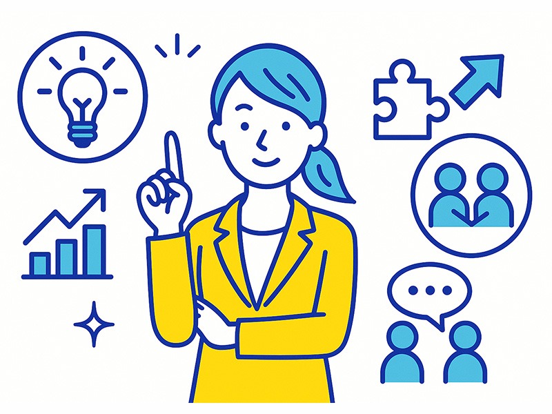 AIに奪われない働き方を象徴するビジネスパーソンとアイコンを配置したイラスト。スキル軸でキャリアを再構築するイメージとして使用。