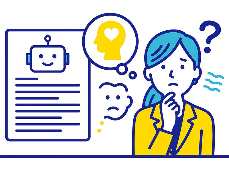 AIでは補えない人間的な視点をテーマにしたフラットイラスト。採用担当者が応募者の思考や人柄を見極め、AIでは表現しきれない感情や文脈を重視する様子を青と黄色で描いた構図。