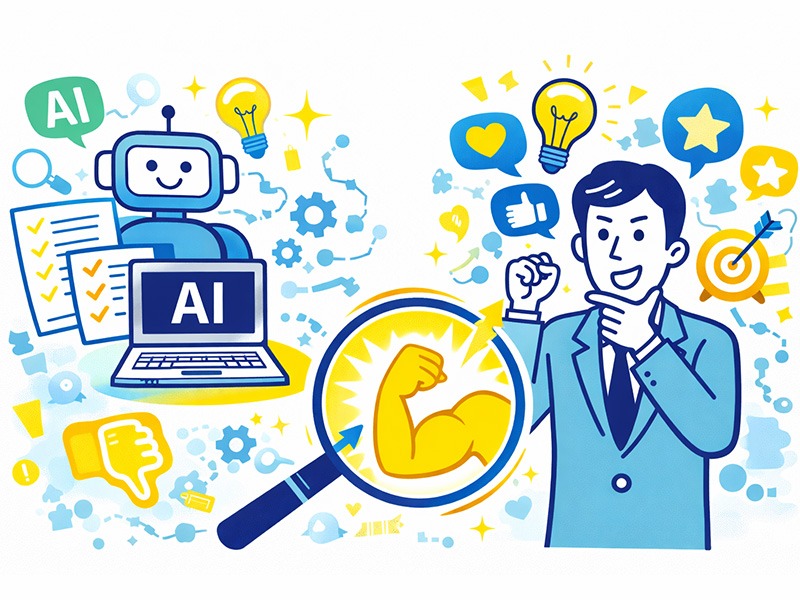 AI面接対策を武器に変える考え方を示したイラスト。ChatGPTやAIアプリを活用し、思考整理や強みの言語化を進めて評価向上につなげる面接準備のイメージ