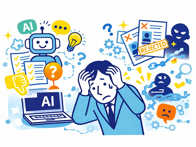 ChatGPTやAIアプリに依存した面接練習によって思考整理や深掘りが不足し、面接で不合格につながりやすくなる状況を表したイラスト