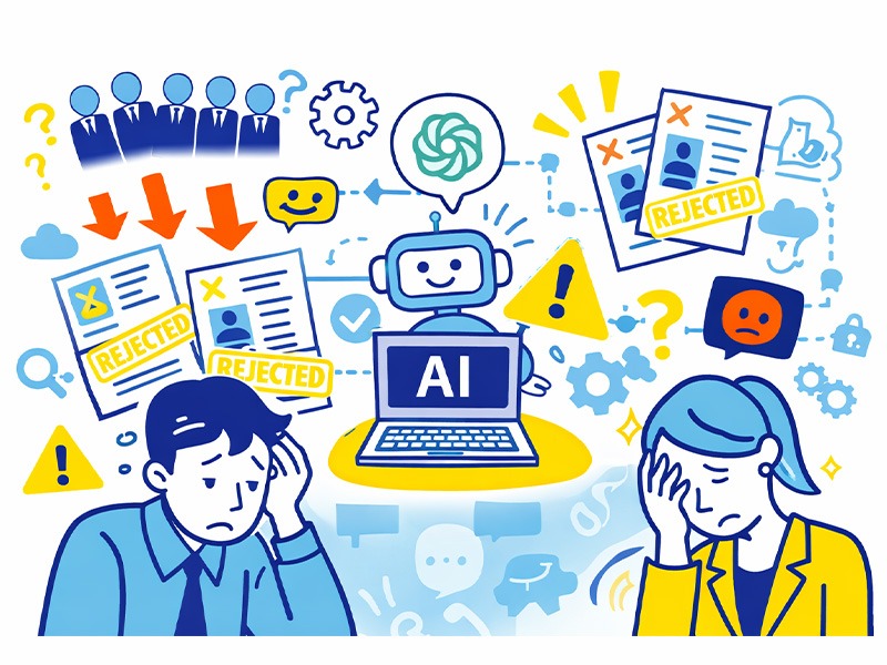 ChatGPTやAIアプリを使った面接練習が普及する一方で、準備の同質化により面接で落ちる人が増えている状況を表したイラスト