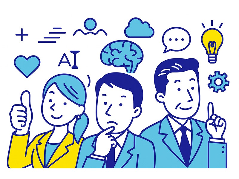 AIに奪われない仕事の特徴をイラストで示した画像。創造性や対人支援、判断力を象徴するアイコンとビジネスパーソンを配置した構図。