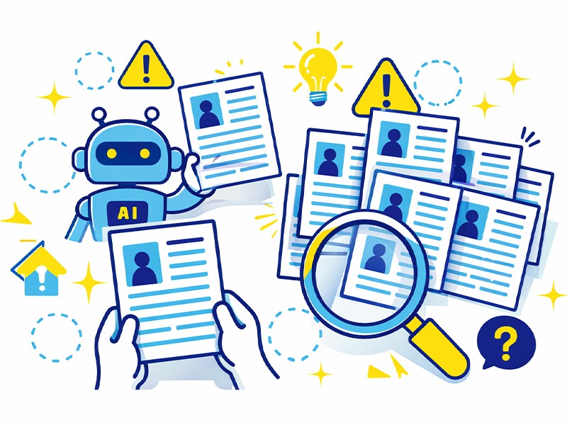 履歴書や職務経歴書をAIで自動作成すると文体や構成が似通い、採用担当者にバレやすくなるポイントを示したイラスト