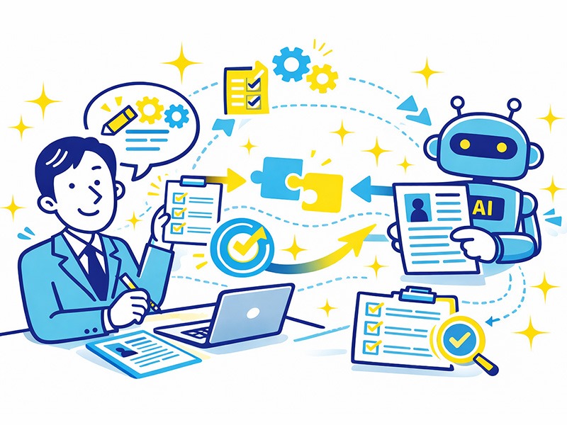 履歴書や職務経歴書をAIで自動作成する際に、本人の経験を反映させて書類選考に通る形へ仕上げる正しい使い方を示したイラスト