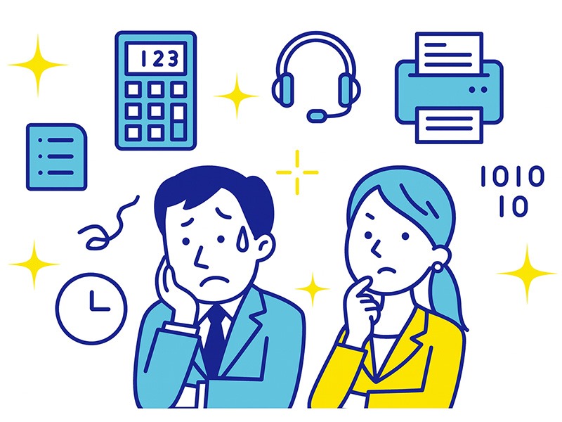 AIに奪われる仕事の特徴を表すビジネスパーソンとアイコンのイラスト。定型業務が多くAIに取られやすい職種のイメージとして使用。