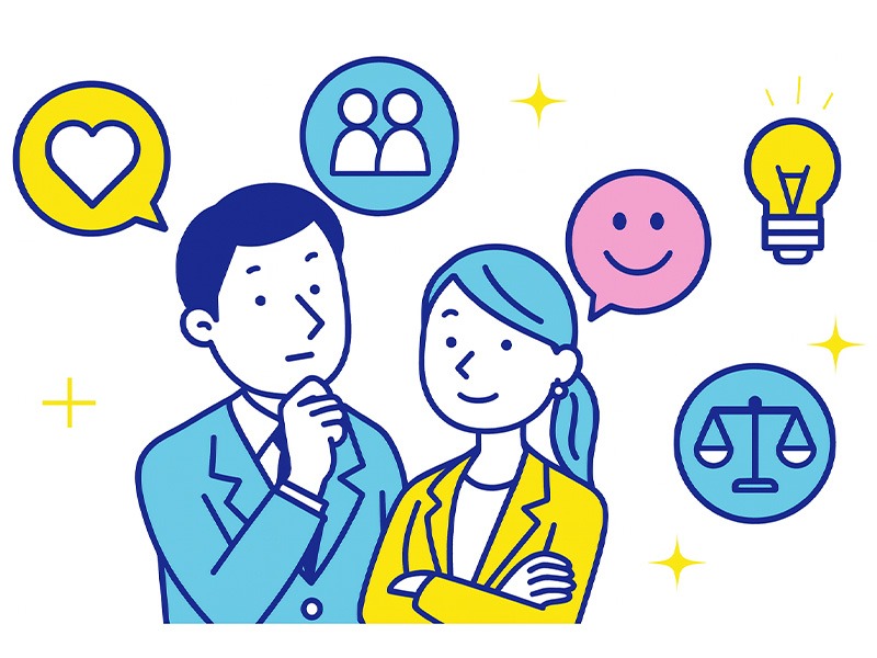 AIに奪われない仕事の特徴を表すビジネスパーソンとアイコンのイラスト。創造性や対人支援などAI代替が難しい職種のイメージとして使用。