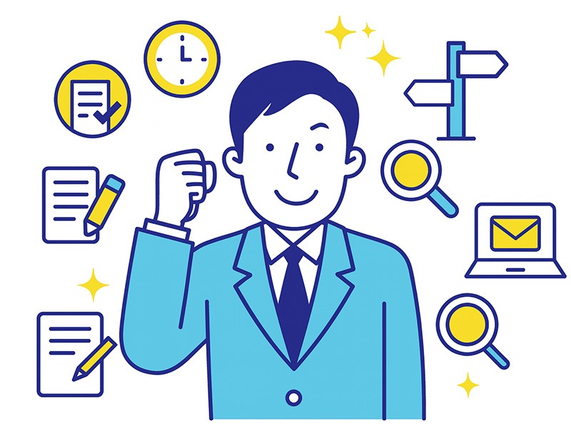 転職エージェントが向いている相談内容を表現したイラスト。男性が書類・求人検索・連絡調整などを象徴するアイコンに囲まれている構図。