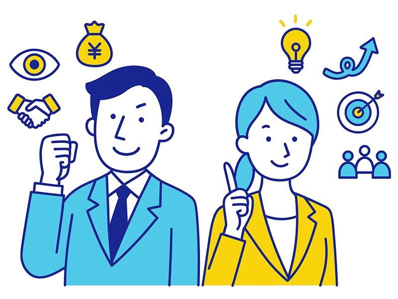 転職エージェントとキャリアコンサルタントの違いをイメージしたイラスト。男性と女性が並び、それぞれの役割を象徴するアイコンが配置されている構図。