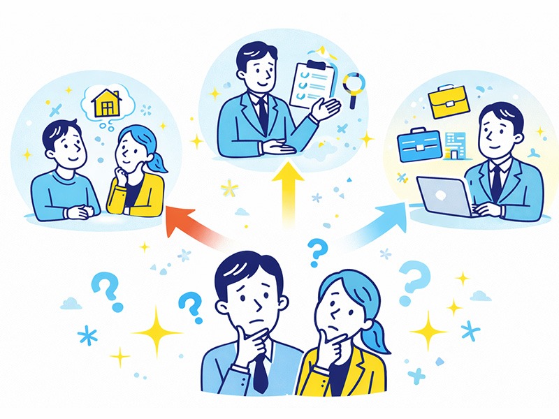転職迷うときの相談先をイメージしたイラスト。悩む男女の会社員と、家族・友人、キャリア相談、上司・社内など複数の相談先を示すアイコンが配置された構図