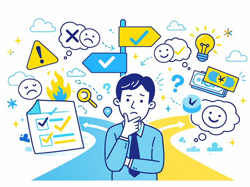 転職迷うときの判断基準をイメージしたイラスト。悩む会社員の周囲にチェックマークや疑問符、仕事・お金・感情などのアイコンが並び、転職するべきか迷う状況を表現