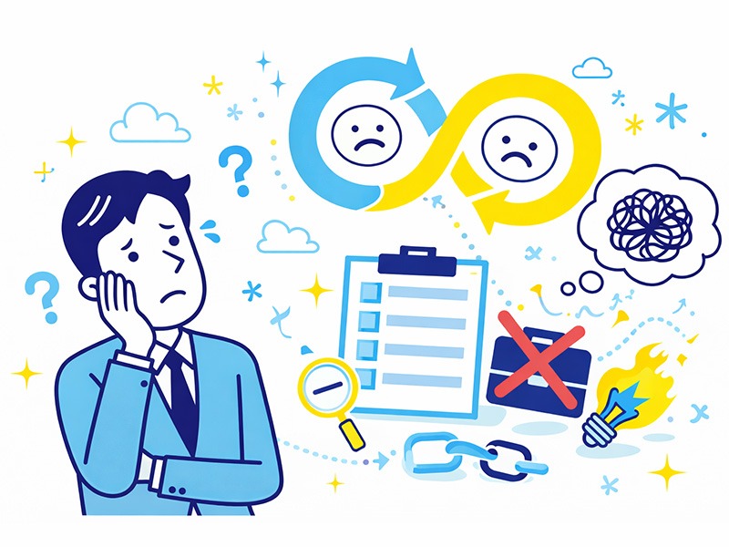 転職すべきではない人の特徴をイメージしたイラスト。悩む会社員の周囲に同じ悩みを繰り返す矢印やチェックリスト、仕事のアイコンがあり転職判断を考える様子