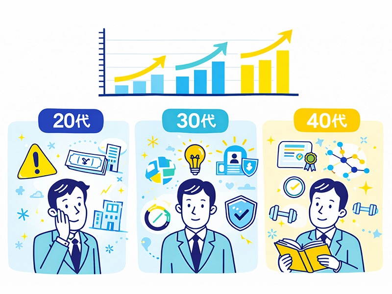 年代別の転職サインをイメージしたイラスト。会社員と年齢やキャリア段階を示すアイコンが並び、20代30代40代で異なる転職判断の視点を表現