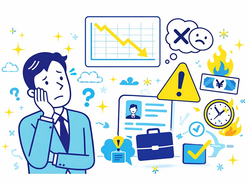 転職した方がいいサインをイメージしたイラスト。仕事の悩みやキャリアの停滞を考える会社員と、警告マークやチェックマークなどのアイコンで転職判断のサインを表現