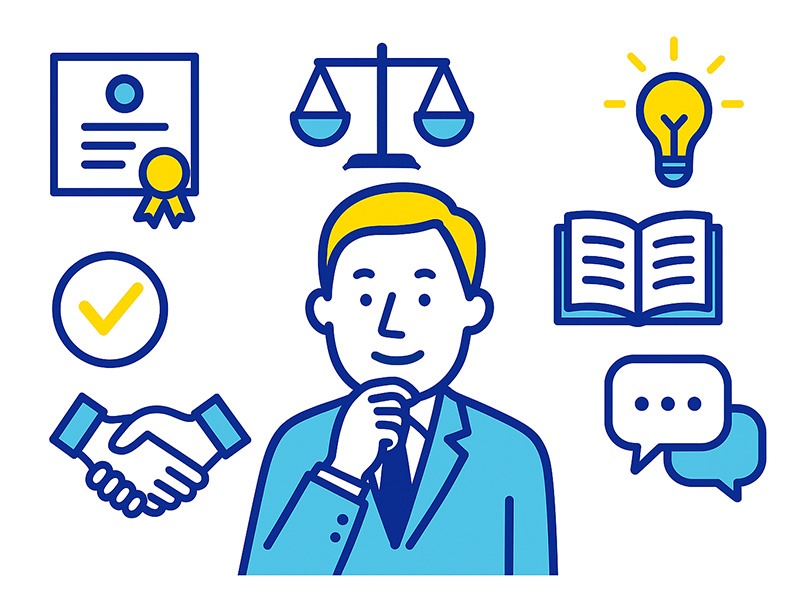 キャリアコーチングの担当者が持つ専門性や資格、中立性のポイントをアイコンで整理したイメージイラスト。相談先を選ぶ際の判断材料を可視化した図。