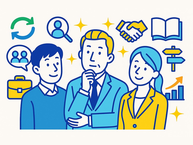 キャリアコンサルタント以外の相談先を比較するイメージイラスト。複数の専門家が並び、キャリア支援に関するアイコンが周囲に配置された図。