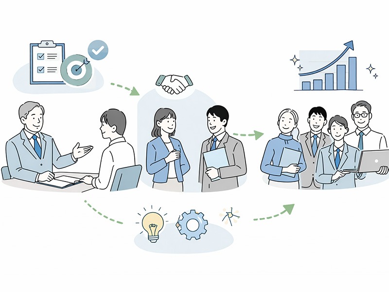 キャリアコンサルティング制度に関連する助成金の申請方法や流れを整理し、申請時の注意点を示したイメージイラスト