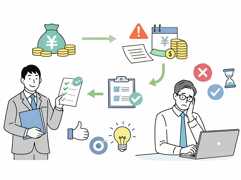 キャリアコンサルティング制度のメリットと注意点を示し、企業と従業員の双方にとっての効果や課題を整理したイメージイラスト
