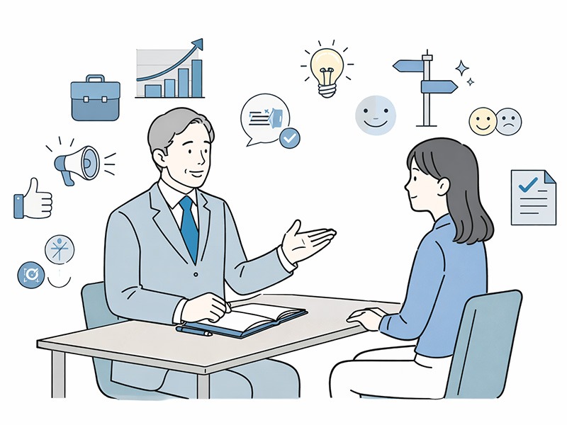 キャリアコンサルティング制度として、キャリアコンサルタントが従業員と対話し、働き方やキャリア形成を支援しているイメージイラスト