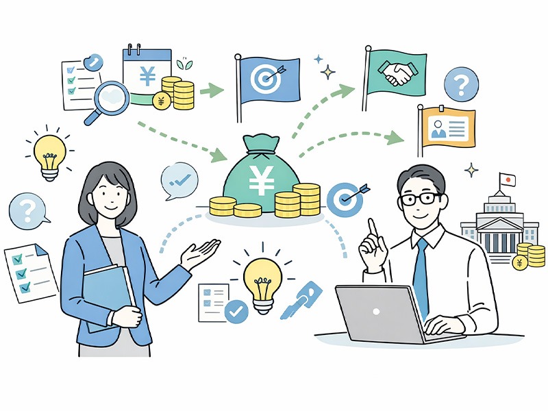 キャリアコンサルティング制度で活用できる助成金の種類や申請条件を整理し、企業の制度導入を支援するイメージイラスト