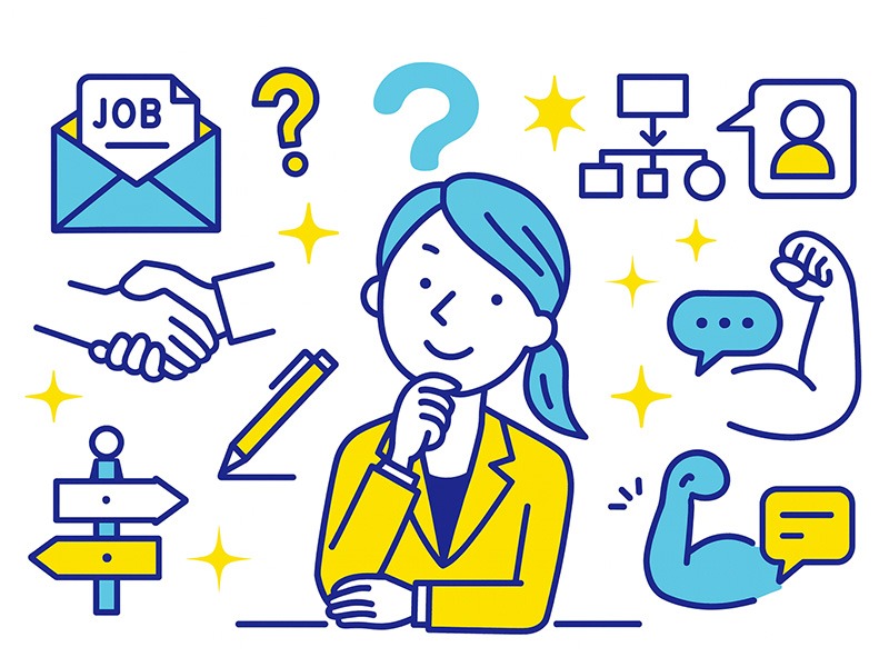 キャリアカウンセリングをイメージしたイラスト。働き方や将来の迷いを整理する人物と、多数のアイコンで相談内容の広がりを表現した構図。