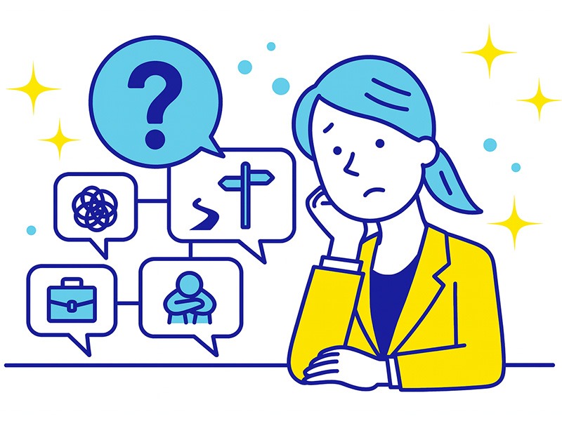 キャリアカウンセリングを受けるタイミングに悩むビジネスパーソンが思考を整理しようとしている様子を示すイラスト（キャリアカウンセリング 相談内容 タイミング）