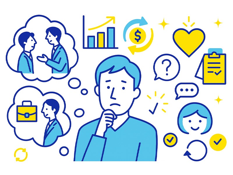 キャリアカウンセリングで扱われる相談内容を表現したイラスト。転職・現職の悩み、就活、将来の方向性など多様なテーマを考える人物と、関連アイコンを交えた構図。