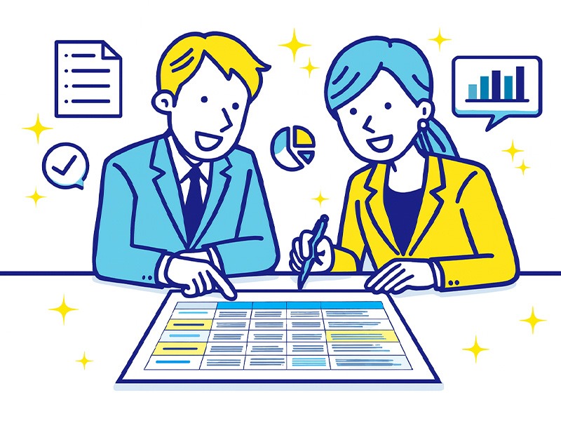 キャリア棚卸しに使えるフォーマットシートを確認する男女のイラスト｜キャリアの棚卸しに役立つ整理シートのイメージ
