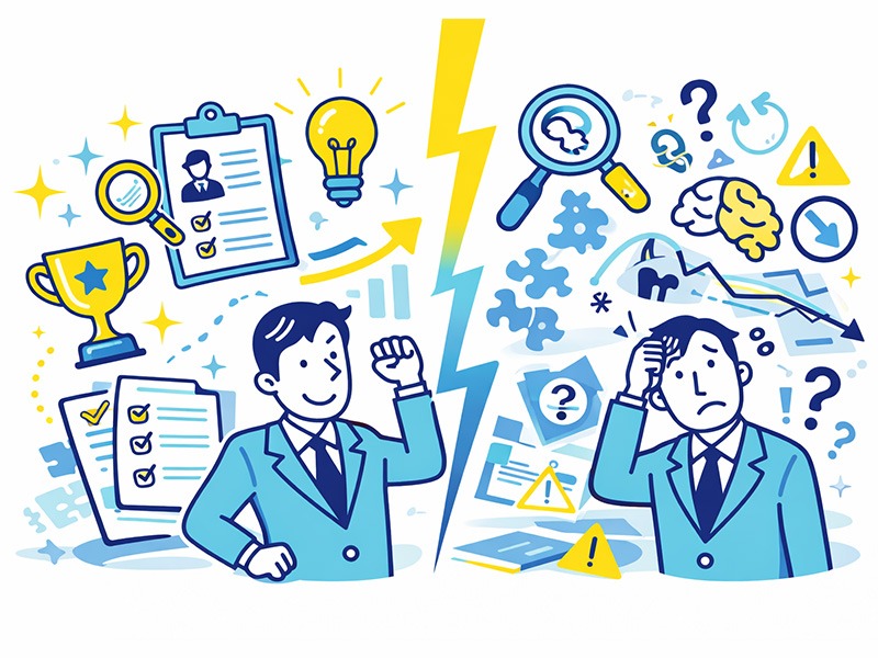 キャリア棚卸しのメリットと注意点を整理したイメージイラスト（経験整理・自己分析・転職判断の材料）