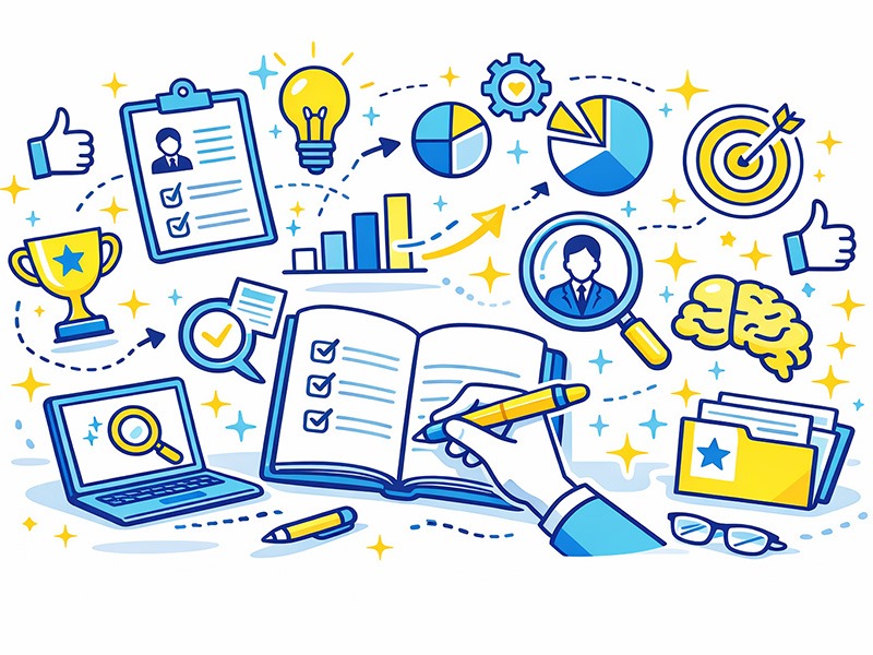 キャリア棚卸しとは何かをイメージした、経験整理・スキル整理・自己分析を表すイラスト