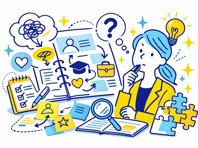 キャリア棚卸しの具体例と何もないと感じる人の整理方法をイメージしたイラスト（経験整理・自己分析）