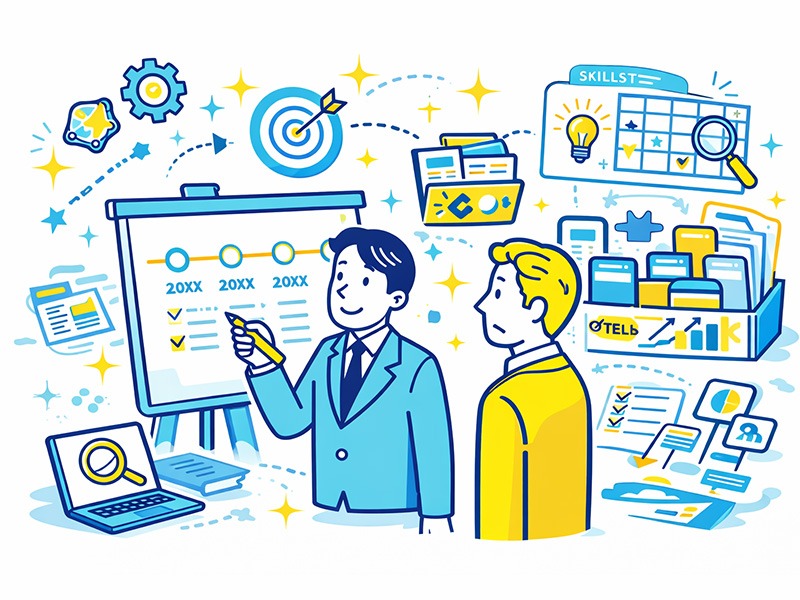 キャリア棚卸しのやり方とフレームワークを整理するイメージイラスト（経験整理・スキル整理・自己分析）