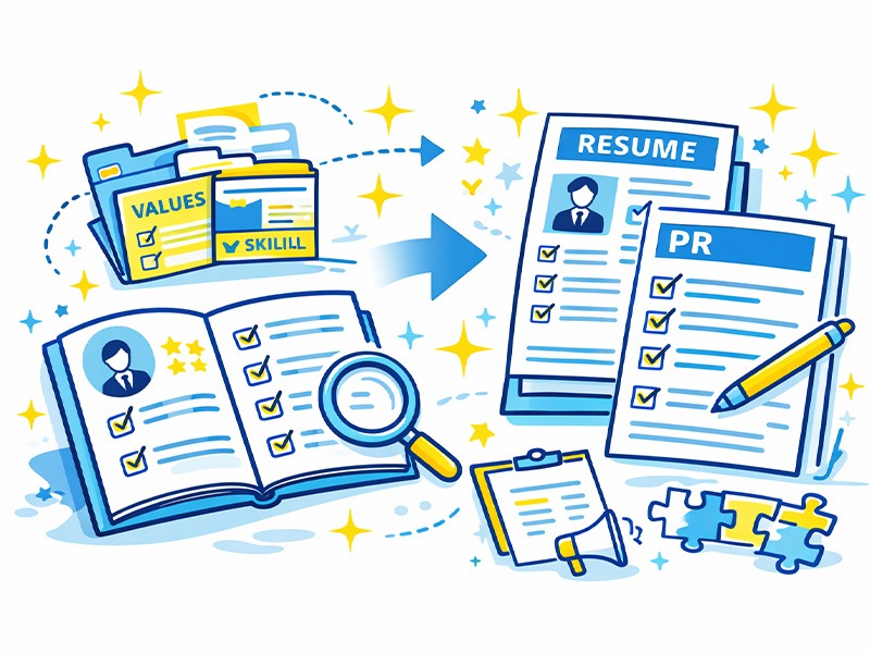 キャリアの棚卸し内容を整理し、職務経歴書や自己PRなど転職書類に活かすイメージイラスト