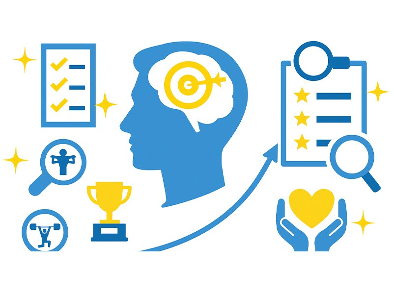 転職の自己分析をテスト形式で診断するイメージを表したイラスト。強みや価値観を整理するチェックアイコンと、転職軸を考える人のシルエットを配置した構図。