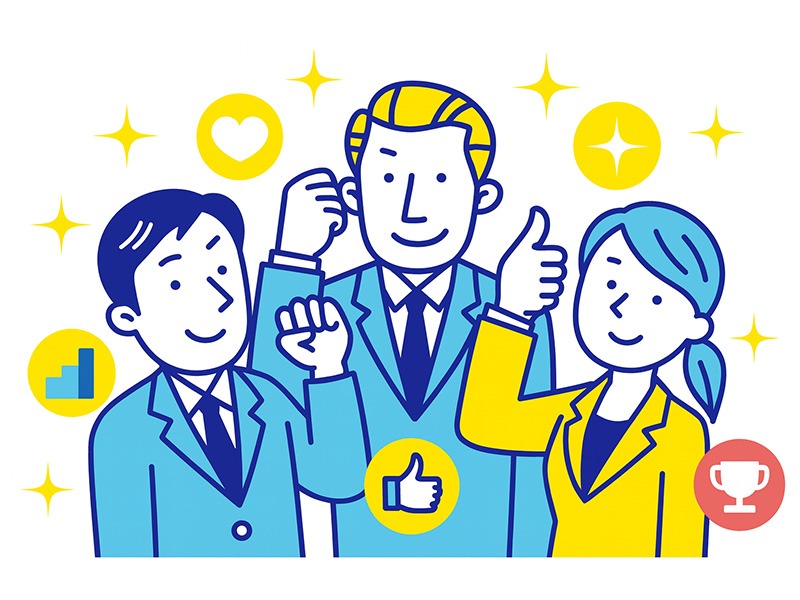 転職者向け自己分析フレーム診断をイメージしたイラスト。価値観やスキル、実績を整理するためのアイコンと、自己理解を深めるビジネスパーソンの姿を描いた構図。