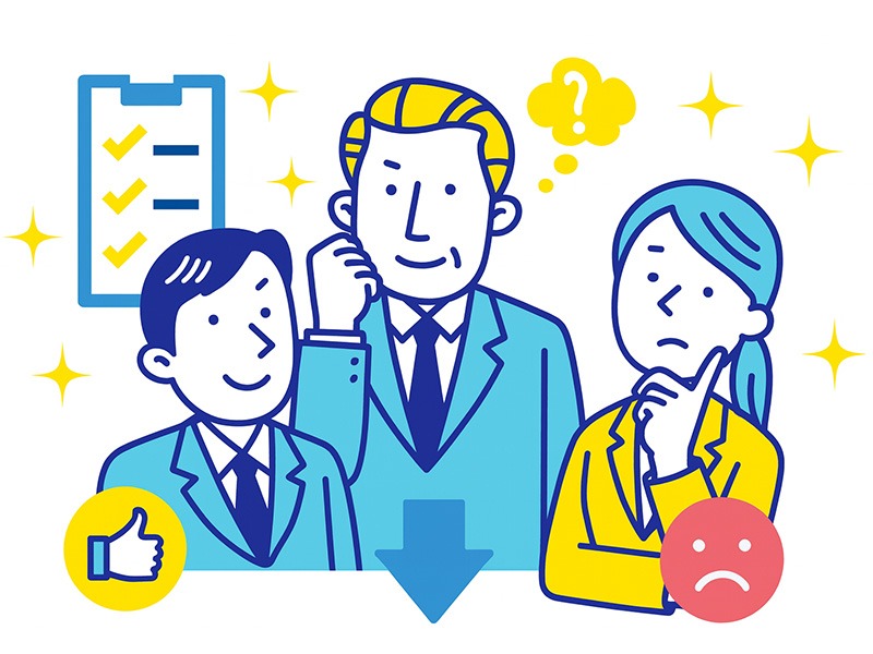 転職向け自己分析テストの進め方を表すイラスト。チェックリストやアイコンとともに、強みや価値観を整理し考えるビジネスパーソンの姿を構成した図。