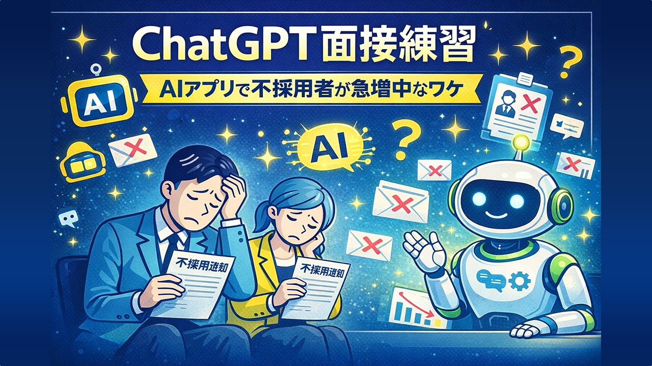 ChatGPT面接練習を利用する転職者がAIによる選考で不採用通知を受け取り、AIロボットが状況を見つめているイラスト