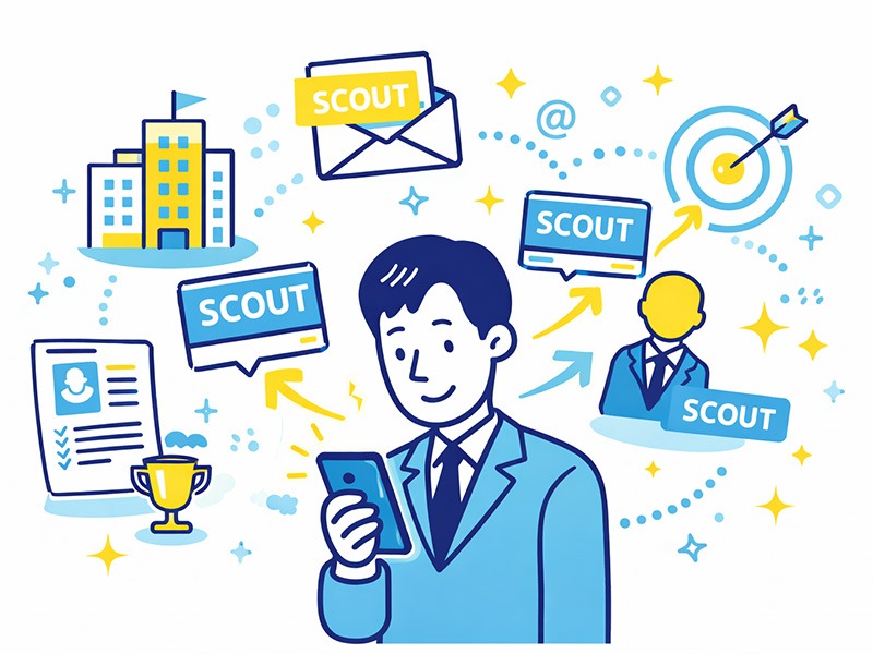 ダイレクトスカウト型転職サービスの特徴として、企業やヘッドハンターから直接スカウトが届く仕組みを表したイラスト