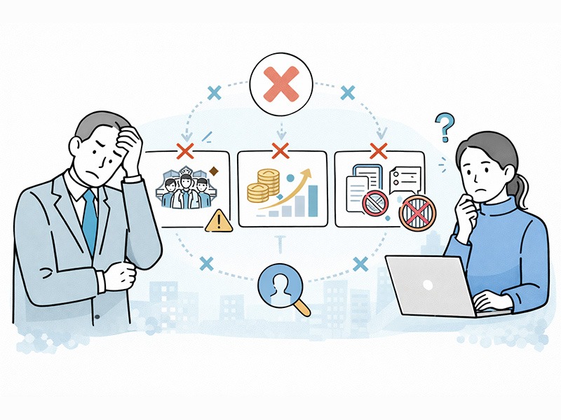 中小企業が新卒採用手法の選び方や判断軸を整理し、自社に合う採用方法を検討している様子を表したイラスト