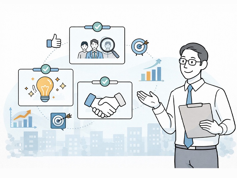 中小企業向けに新卒採用手法を一覧で整理し、自社に合う採用方法を比較・検討するイメージイラスト