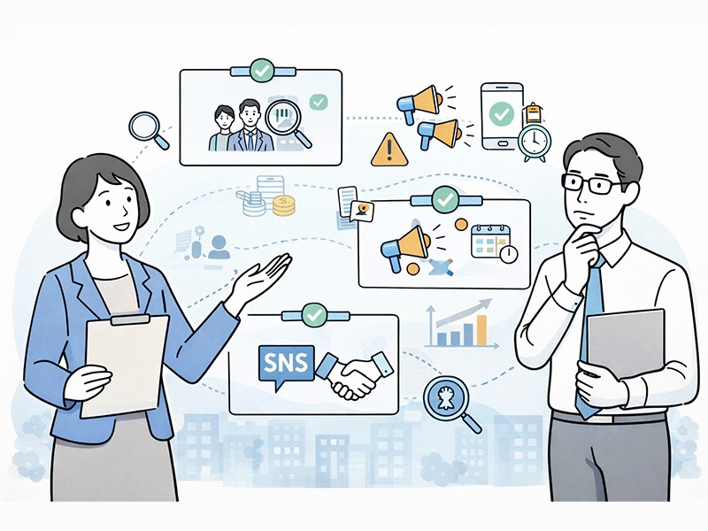 中小企業における新卒採用手法の特徴ややり方を整理し、最適な採用方法を検討している様子を表したイラスト